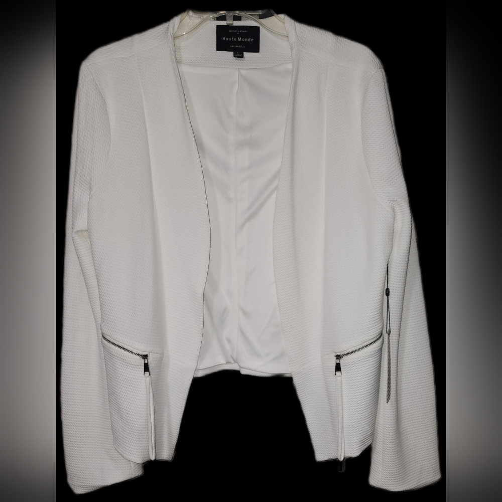 White Textured Blazer with Zipper Details